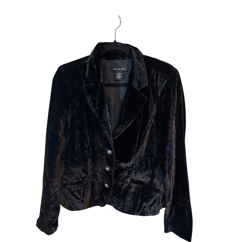 Calvin Klein Velvet Blazer Womens Medium Black Excellent Crushed 3-Button Jacket